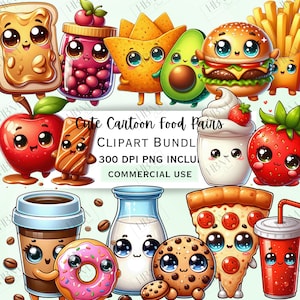 Cute Cartoon Food Pairs Clipart Bundle, Kawaii Fruit Sticker, Adorable Culinary Fun Decorations, Whimsical PNG for invitations