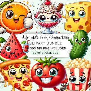 Paquete de imágenes prediseñadas de personajes de comida adorables, calcomanías kawaii, diversión culinaria linda, dibujos animados caprichosos PNG, fondo transparente, uso comercial