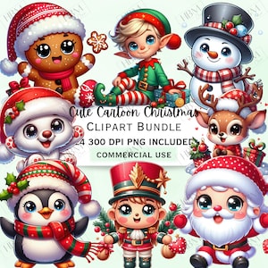 Lindo paquete de imágenes prediseñadas navideñas de dibujos animados, pegatina festiva de Papá Noel, gráfico navideño adorable, polo norte acogedor, muñeco de nieve caprichoso, uso comercial