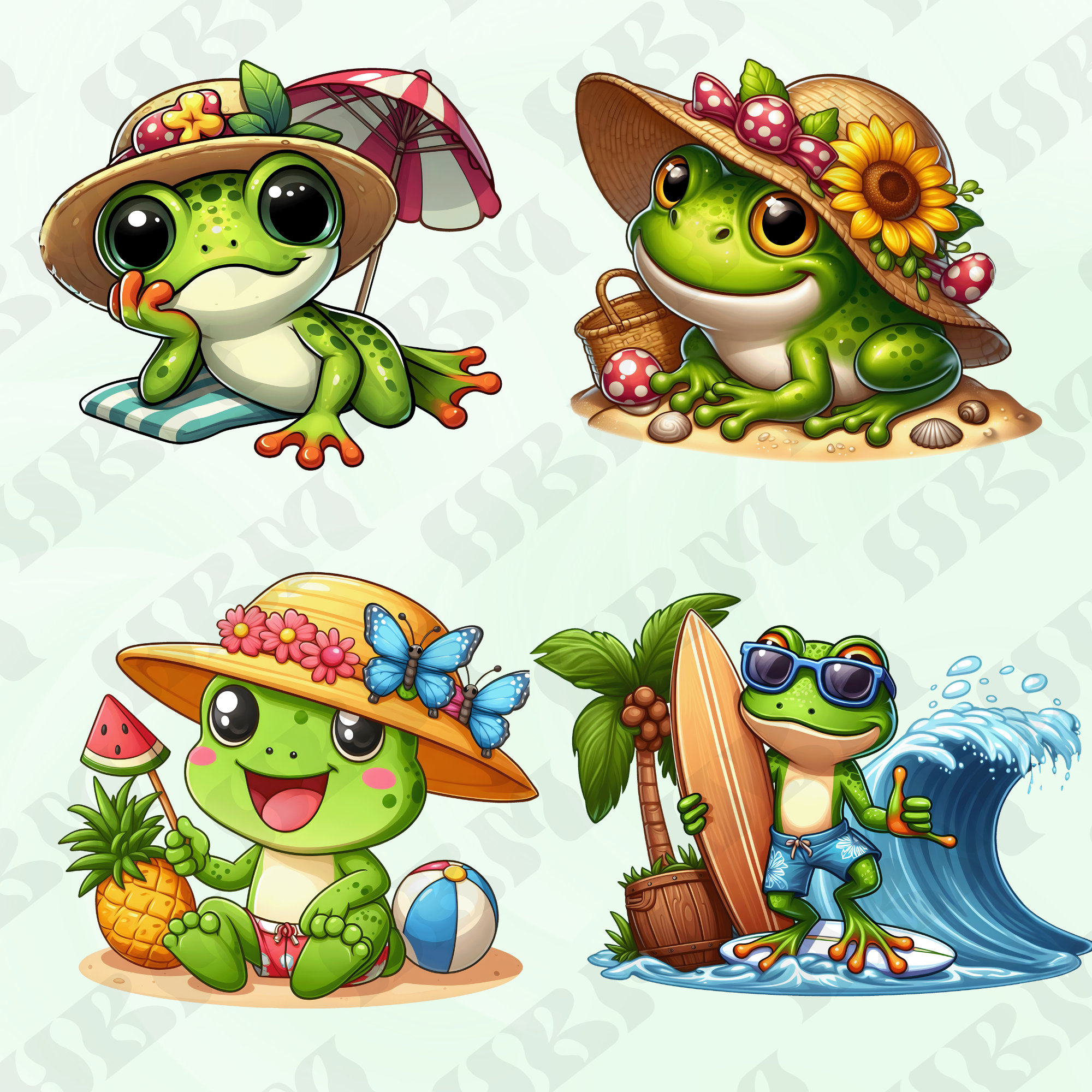 24 Cute Cartoon Summer Frog Clipart Bundle, Surf Nursery Decor, Beach ...
