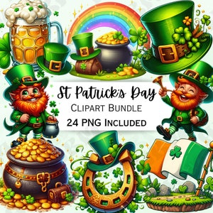May include: A digital clipart bundle for St. Patrick's Day, featuring leprechauns, pots of gold, green hats, horseshoes, and an Irish flag. The text reads "St Patrick's Day Clipart Bundle 24 PNG Included."
