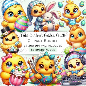Cute Cartoon Easter Chick Clipart Bundle, Adorable Chicken Graphic, Quirky Bird Stickers, Whimsical Chocolate Eggs PNG, Commercial Use