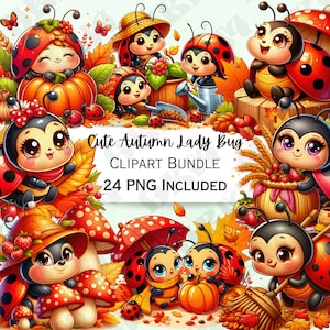 Niedliches Cartoon Herbst Marienkäfer Clipart Bundle, Herbst-Kinderzimmer Dekor, Blätter Baby Wandkunst, Natur PNG, Saison Einladungen, 24 Illustrationen