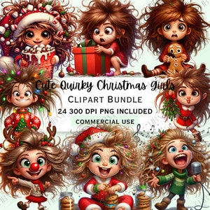 Paquete de imágenes prediseñadas divertidas y extravagantes de niñas navideñas, calcomanías de dibujos animados para niños, decoraciones divertidas para niños, PNG extravagantes para invitaciones, uso comercial