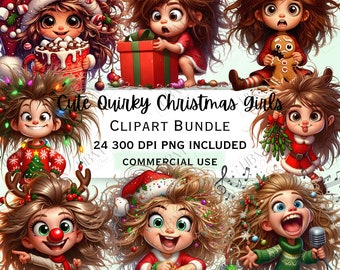 Funny Quirky Christmas Girls Clipart Bundle, Children Cartoon Sticker, Silly Kids Decorations, Whimsical PNG for invitations, Commercial Use