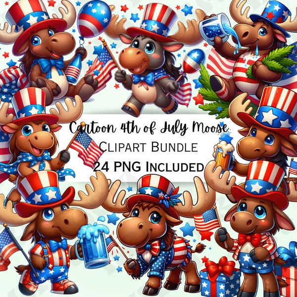 Cartoon 4th of July Moose Clipart Bundle, Patriotic Sticker, Adorable Stars and Stripes Decorations, Whimsical PNG for invitations