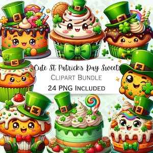 May include: A collection of cute St. Patrick's Day sweets, including cupcakes and cakes, each adorned with green hats, shamrocks, and bows. The image includes the text "Cute St Patrick's Day Sweets CLIPART BUNDLE 24 PNG INCLUDED."