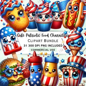 Bundle de cliparts mignon nourriture patriotique, 4 juillet Kawaii collations PNG, souriant Cupcake, Hot-Dog & Art de la crème glacée, usage commercial graphiques