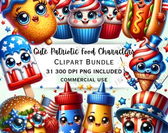 Cute Patriotic Food Clipart Bundle, 4th of July Kawaii Snacks PNG, Smiling Cupcake, Hotdog & Ice Cream Art, Commercial Use Graphics