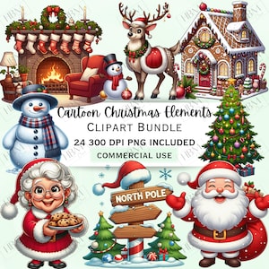 Cartoon Christmas Elements Clipart Bundle, Festive Santa Sticker, Xmas Reindeer Graphic, Cozy North Pole, Whimsical Snowman, Commercial Use