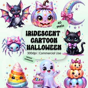 Pode incluir: Uma coleção de gráficos de Halloween de desenhos animados iridescentes. A imagem apresenta um morcego, uma abóbora, uma lua, uma aranha, um gato, um sorvete, um fantasma e abóboras empilhadas. O texto diz "IRIDESCENT CARTOON HALLOWEEN" e "40 PNGs".