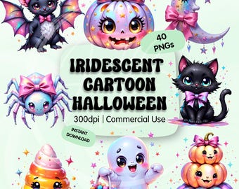 May include: A collection of iridescent cartoon Halloween graphics. The image features a bat, pumpkin, moon, spider, cat, ice cream cone, ghost, and stacked pumpkins. The text reads "IRIDESCENT CARTOON HALLOWEEN" and "40 PNGs".