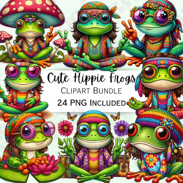 Paquete de imágenes prediseñadas de 24 ranas hippies lindas, pegatinas de renacuajo, arte de pared adorable, PNG anfibio para invitaciones pegatina, reptil de dibujos animados