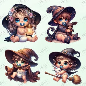 Cute Cartoon Baby Witches Clipart Bundle, Magical Witchy Art, Kawaii Halloween Art, Adorable Whimsical Broomstick PNG, Commercial Use image 9