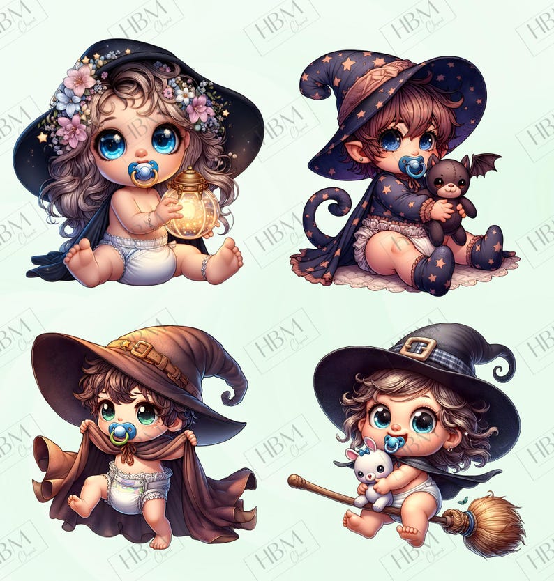 Cute Cartoon Baby Witches Clipart Bundle, Magical Witchy Art, Kawaii Halloween Art, Adorable Whimsical Broomstick PNG, Commercial Use image 9
