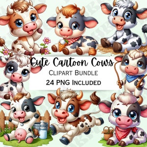 Paquete de 24 imágenes prediseñadas de vacas de dibujos animados lindos, pegatinas de toros, arte de pared adorable, PNG humorístico para invitaciones pegatina, ganado divertido