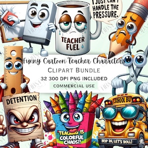 Funny Cartoon Teacher Characters Clipart Bundle, School Supplies PNG, Classroom Humor Graphics, Whimsical Education Art, Commercial Use