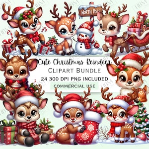 Niedliches Weihnachts-Rentier-Clipart-Bundle, festlicher Baby-Tieraufkleber, entzückende Weihnachtsgrafik, Wintersaison PNG, kommerzielle Nutzung