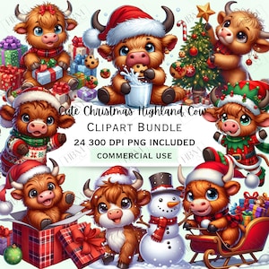 Cute Cartoon Christmas Highland Cows Clipart Bundle, Festive Bull Stickers, Funny Adorable Xmas Animals PNG for Decor, Commercial Use