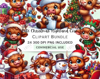 May include: A digital clipart bundle featuring several cartoon Highland cows in festive Christmas attire. The cows are depicted with Santa hats, scarves, and surrounded by gifts and a snowman. Text on the image reads "Cute Christmas Highland Cow CLIPART BUNDLE 24 300 DPI PNG INCLUDED COMMERCIAL USE."