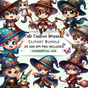 Niedliches Cartoon Zauberer Clipart Bundle, Magischer Aufkleber, entzückende Kinderdekoration, wunderlicher Besen PNG für Einladungen, kommerzielle Nutzung