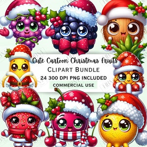 Pacchetto di clipart di frutta natalizia con simpatici cartoni animati, adesivi kawaii festivi, adorabili decorazioni culinarie divertenti, PNG stravaganti per inviti