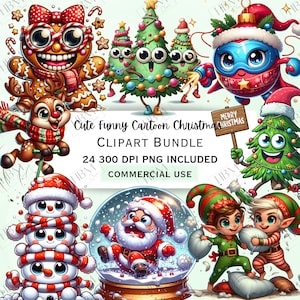 Paquete de imágenes prediseñadas de dibujos animados divertidos de Navidad, calcomanías cómicas de Papá Noel, adorables decoraciones de muñecos de nieve, PNG navideños caprichosos, uso comercial