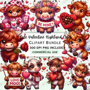 Pacote de clipart fofo de vaca das terras altas dos namorados, adesivo de animal engraçado, gráficos adoráveis de Kawaii PNG para convites, uso comercial
