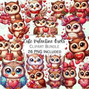 Pacote de clipart de coruja fofa para o dia dos namorados, personagens de pássaros caprichosos, PNG adorável de kawaii em forma de coração para convites, uso comercial