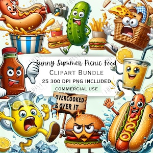 Grappige picknick eten clipartbundel, cartoon BBQ-snacks png, eigenzinnige zomer digitale afbeeldingen, transparant beeld, commercieel gebruik