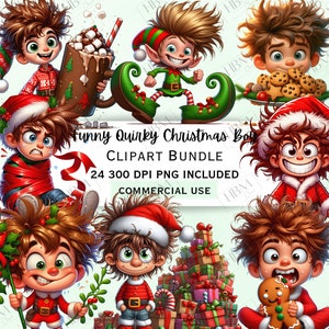 Paquete de imágenes prediseñadas divertidas y extravagantes para niños en Navidad, calcomanías de dibujos animados para niños, decoraciones divertidas para niños, PNG extravagantes para invitaciones, uso comercial