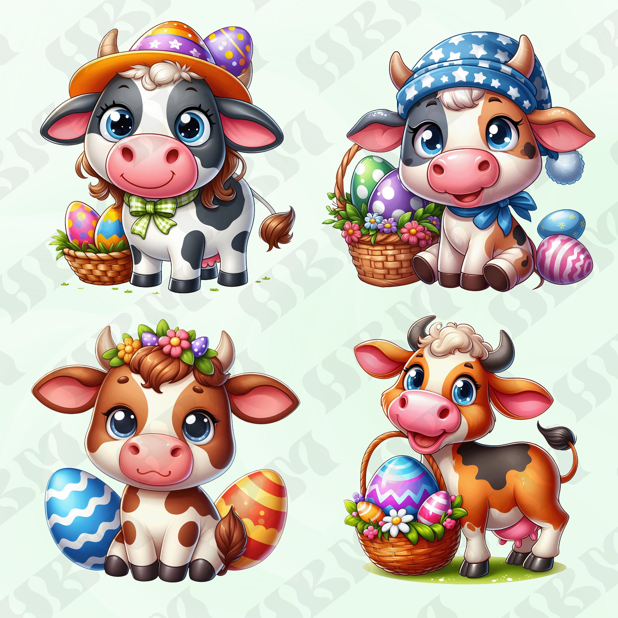 24 Cute Easter Cows Clipart Bundle, Cattle Stickers, Adorable Baby Wall ...