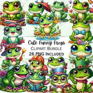 May include: A set of 26 digital clipart images featuring cute cartoon frogs in various poses and outfits. The frogs are green with big eyes and are wearing hats, glasses, and other accessories. The text "Cute Funny Frogs Clipart Bundle 26 PNG Included" is displayed in the center of the image.