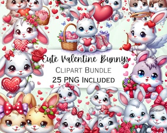 May include: A set of 25 digital clipart images featuring cute cartoon bunnies dressed in Valentine's Day themed outfits. The bunnies are holding hearts, flowers, and other Valentine's Day symbols. The clipart is perfect for creating cards, invitations, and other Valentine's Day crafts.