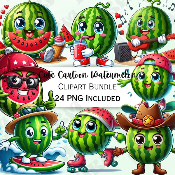 Cute Cartoon Watermelon Clipart Bundle, Tropical Fruit Sticker, Adorable Summer Fun Decorations, Whimsical PNG for invitations