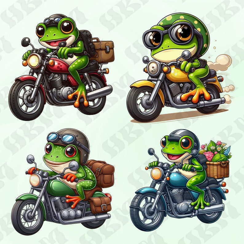 24 Cute Frogs Riding Motorbikes Clipart Bundle, Tadpole Stickers ...