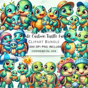 Lindo paquete de imágenes prediseñadas de la familia de tortugas de dibujos animados, calcomanía de bebé tortuoso, adorable decoración de reptiles, PNG caprichoso para invitaciones, uso comercial