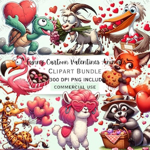 Funny Cartoon Valentine's Animals Clipart Bundle, Quirky Love Sticker, Adorable Kawaii Graphics PNG for Invitations, Commercial Use