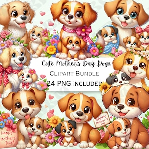24 Cute Mother's Day Puppy Dogs Clipart Bundle, Cartoon Balloon Sticker, Adorable Party Decorations, Whimsical PNG for invitations, cards