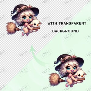 Cute Cartoon Baby Witches Clipart Bundle, Magical Witchy Art, Kawaii Halloween Art, Adorable Whimsical Broomstick PNG, Commercial Use image 2