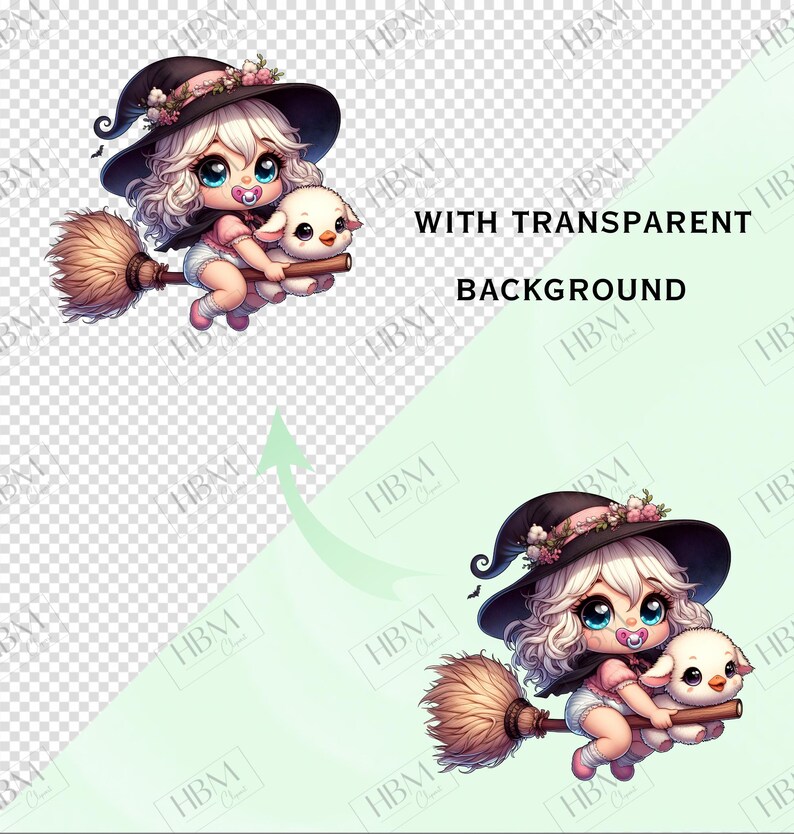Cute Cartoon Baby Witches Clipart Bundle, Magical Witchy Art, Kawaii Halloween Art, Adorable Whimsical Broomstick PNG, Commercial Use image 2