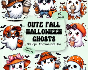 Lindo paquete de imágenes prediseñadas de fantasmas de Halloween otoñales, fantasmas de café otoñal espeluznantes PNG sublimados, gráfico de calabaza kawaii descarga instantánea