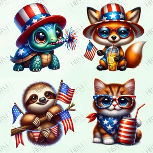 May include: Four cartoon animals celebrating Independence Day. A turtle, fox, sloth, and cat are wearing patriotic hats, glasses, and accessories. The turtle has a party blower, the fox holds a drink, the sloth has flags, and the cat has a soda can.