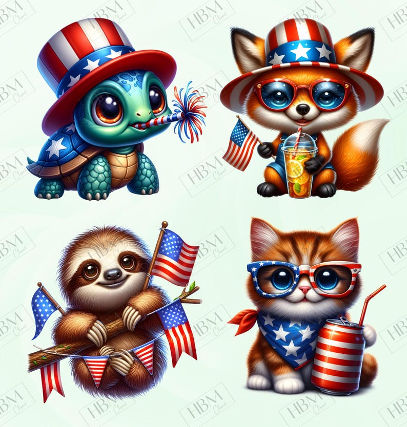 May include: Four cartoon animals celebrating Independence Day. A turtle, fox, sloth, and cat are wearing patriotic hats, glasses, and accessories. The turtle has a party blower, the fox holds a drink, the sloth has flags, and the cat has a soda can.