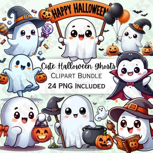 May include: A set of 24 digital clipart images featuring cute cartoon ghosts in various Halloween costumes. The ghosts are wearing hats, holding pumpkins, and some are even dressed as a vampire. The text "Cute Halloween Ghosts" and "Clipart Bundle" is displayed on a banner.