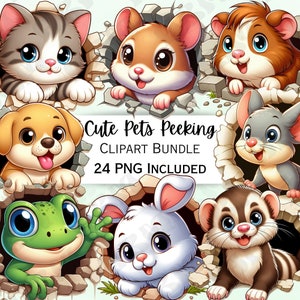 Cute Cartoon Pets Peeking Clipart Bundle, Frogs Stickers, Adorable Wall Art, Cats, Dogs PNG for invitations, 24 Illustrations