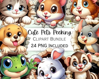 Könnte beinhalten: Ein digitales Clipart-Paket mit 24 niedlichen Cartoon-Tieren, die aus Löchern schauen. Zu den Tieren gehören eine Katze, ein Hamster, ein Meerschweinchen, eine Maus, ein Hund, ein Frosch, ein Kaninchen und ein Frettchen. Die Tiere sind alle in leuchtenden Farben gehalten und haben große Augen. Der Text "Cute Pets Peeking" ist in einer verspielten Schriftart über den Tieren geschrieben. Der Text "Clipart Bundle" ist unter den Tieren geschrieben. Der Text "24 PNG Included" ist unter dem Clipart-Paket-Text geschrieben.