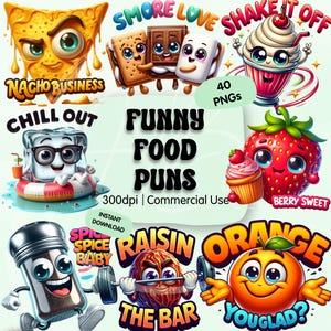 Puede incluir: Ilustración digital colorida de juegos de palabras sobre comida. La imagen presenta un nacho sonriente, una pareja de s'mores y una fresa con una magdalena. El texto dice "Funny Food Puns" y "40 PNGs".