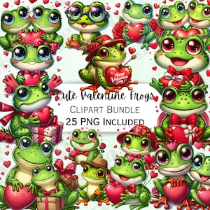 25 süße Valentinstag-Frosch-Clipart-Pakete, Kaulquappen-Aufkleber, entzückende Baby-Wandkunst, Amphibien-PNG für Einladungen, Liebesherzen-Design