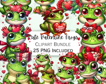 25 Cute Valentines Day Frog Clipart Bundle, Tadpole Stickers, Adorable Baby Wall Art, Amphibian PNG for invitations, Love Hearts design